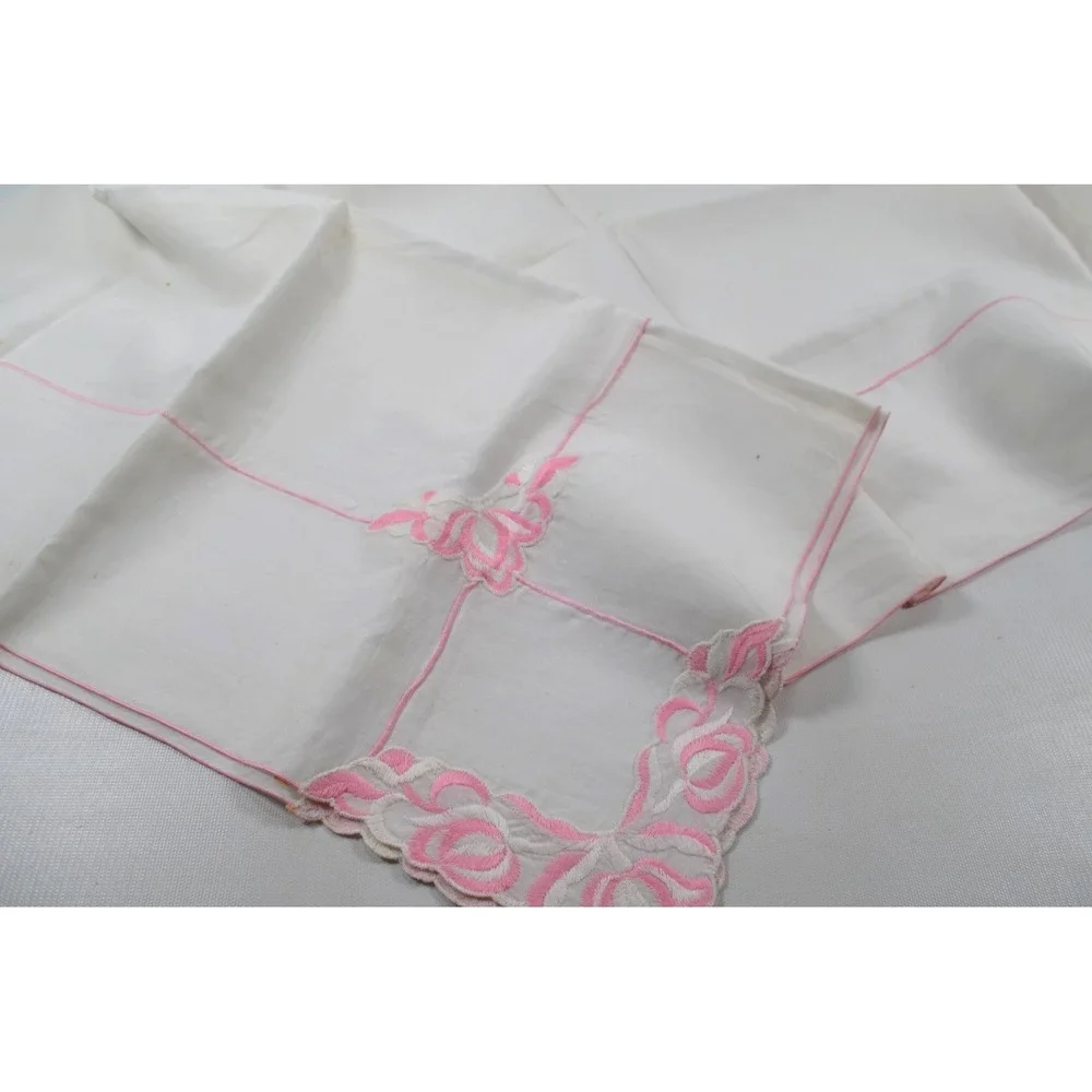 Vintage White Floral Tablecloth with Pink Roses and Line Accents 50x50